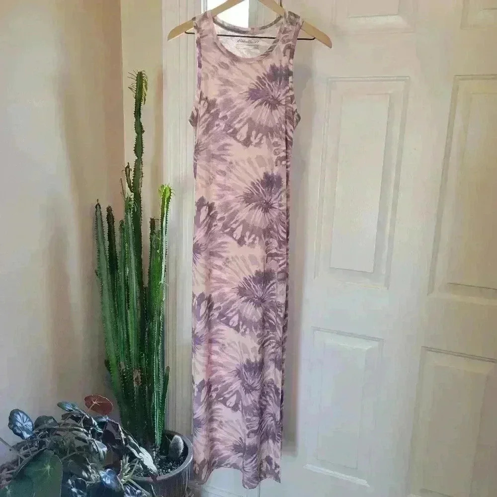 Eddie Bauer Purple Tie-Dye Maxi Sleeveless Soft Dress, Size XS Slit Sides‎